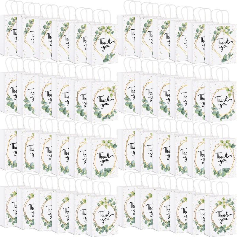 TaoBary Greenery Eucalyptus Small Thank You Bags Floral Design Paper Gift Bags with Handles Baby Shower Favor Bags Thank You Wedding Bags White Kraft Paper Bags for Birthday Party  6.3 x 3.1 x 8.7'' (48) - Image 2